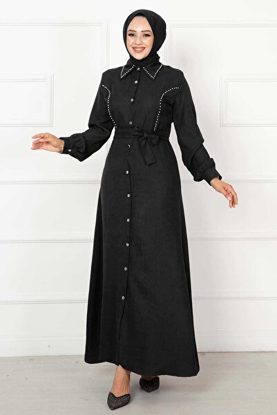 Generic Brand Pearl Detailed Shirt Collar Dress Anthracite