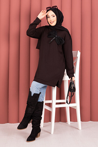 EBRUTESETTÜR Bow Detailed Stone Embroidered Soft Hijab Tunic Brown