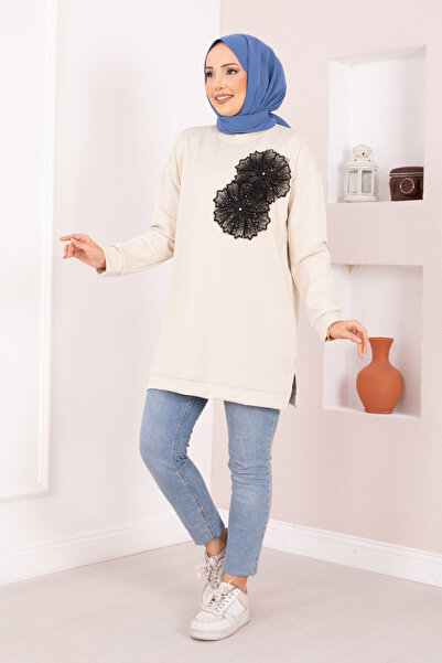 EBRUTESETTÜR Floral Embroidered Soft Hijab Tunic Beige