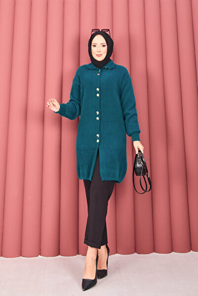 EBRUTESETTÜR Gold Buttoned Hijab Angora Cardigan Petrol