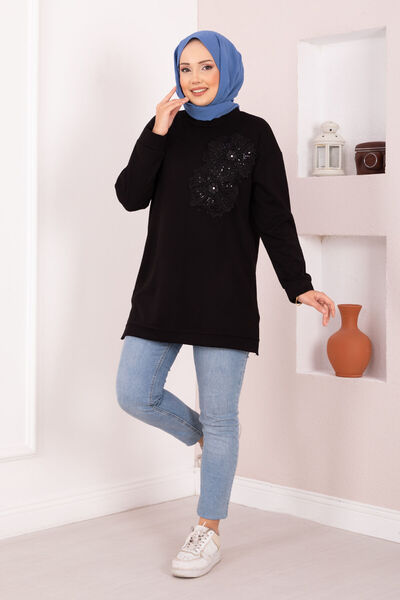 EBRUTESETTÜR Floral Embroidered Soft Hijab Tunic Black