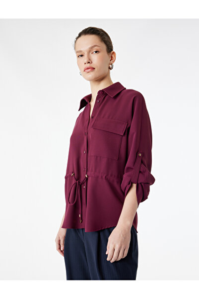 Koton Long Sleeve Classic Collar Belted Waist Pocketed Shirt