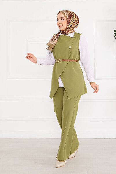 EBRUTESETTÜR Belted Vest Set Hijab Double Set Khaki