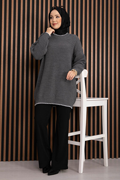 EBRUTESETTÜR سترة تريكو قصة فضفاضة من ريبانالي أنثراسايت