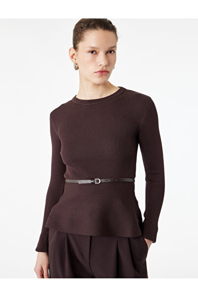 Koton Pulover tricotat cu mânecă lungă, decolteu tip crew, cu detaliu curea ș...