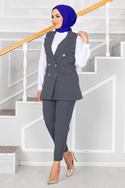 EBRUTESETTÜR Mendil Collar Detailed Hijab Vest Set Gray