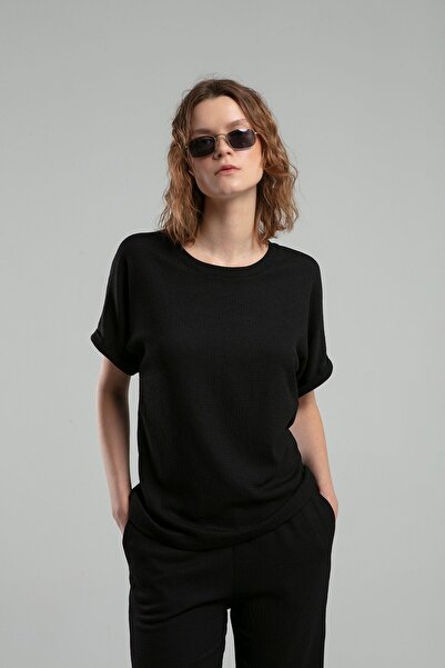 BENMANAJ Μαύρο ζαρωμένο γυναικείο μπλουζάκι