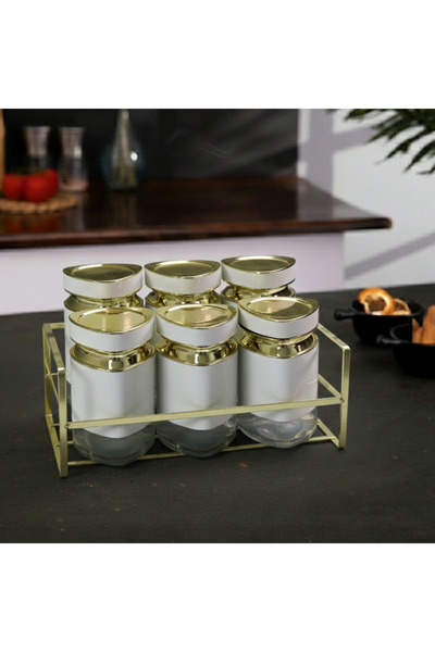 Evren 6 Parça Üçgen Vakum Kapaklı Cam Baharatlık Seti ve Metal Stant, Baharat...