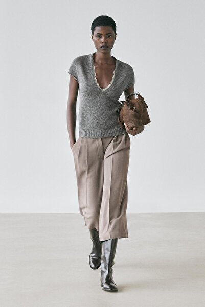 Massimo Dutti Kısa kollu dantelli triko kazak