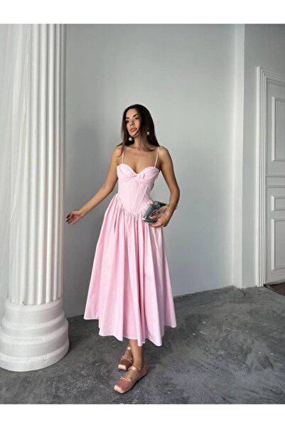 Genel Markalar ROSESA KORSAJ DETAY MİDİ POPLİN PEMBE ELBİSE