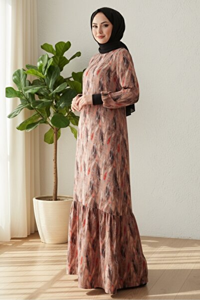 Bestenur Crew Neck Patterned Dress 1511 - Stone