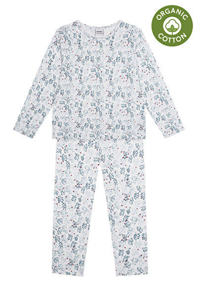 Antebies طقم بيجامة للفتيات بأكمام طويلة ونمط زهور الشتاء البيضاء العضوية مع ...