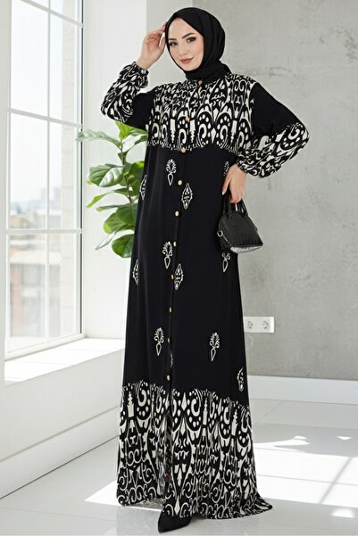 Bestenur Φόρεμα Çilay με κουμπιά υφαντό βισκόζη 1561 - Μαύρο