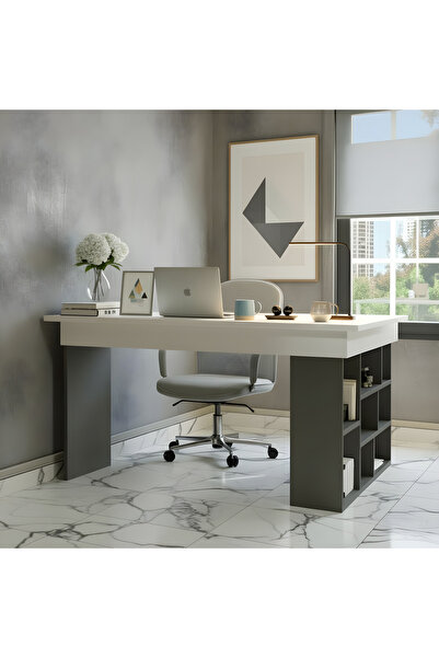 Misterium Atlas L Köşe Kitaplıklı Bilgisayar ve Çalışma Masası - Antrasit Beyaz