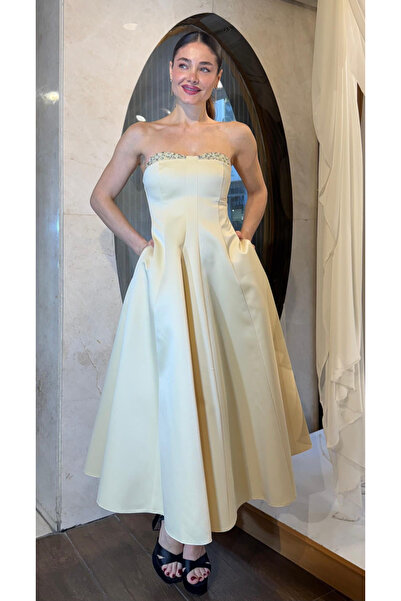 SpringStore Sarı Yakası Taş İşlemeli Midi Boy Abiye