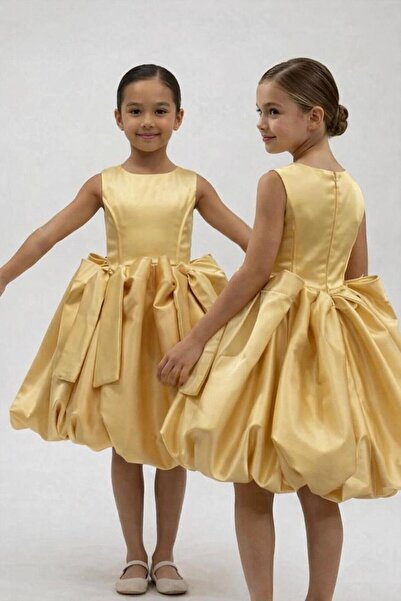 ATHMAN فستان بناتي ذهبي قصير بتصميم بالون فاخر