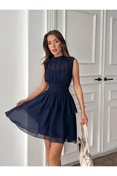 MAXMOOR ARON KOLSUZ MİNİ ŞİFON LACİVERT ELBİSE