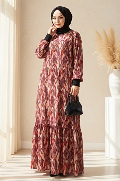 Bestenur Crew Neck Patterned Dress 1511 - Plum