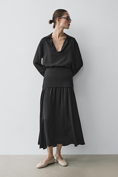 Massimo Dutti Pamuklu dökümlü V yaka gömlek