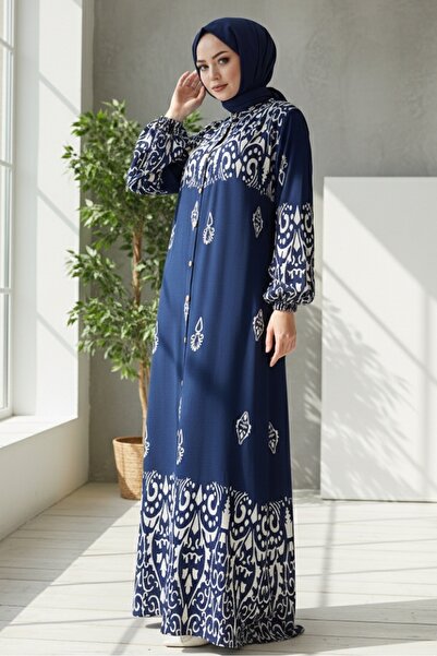 Bestenur Φόρεμα Çilay με κουμπιά υφαντό βισκόζη 1561 - Navy Blue