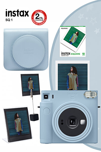 Fujifilm Instax SQ1 Buz Mavi Fotoğraf Makinesi 10lu Kare Film Deri Kılıf Plek...