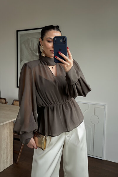 My Blog Brown Belted V-Neck Chiffon Blouse - 101268