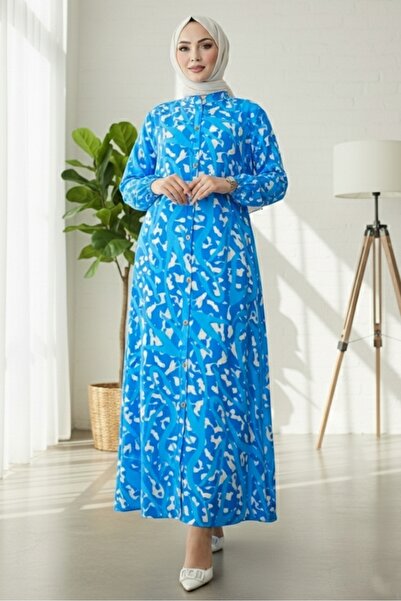 Bestenur Stripe Pattern Buttoned Woven Viscose Dress 1481 - Indigo