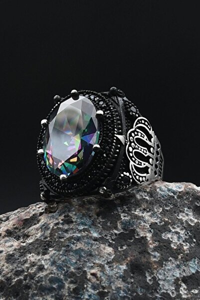 Prestige Gümüş Erkek Yüzük Mistik Topaz Taşlı Kral Taç Motifli 10000100636