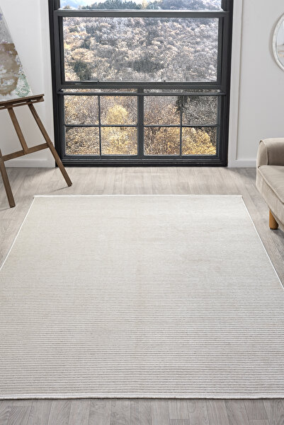 Zen Krem Kaymaz Taban Makinede Yıkanabilir Dokuma Kilim Yolluk