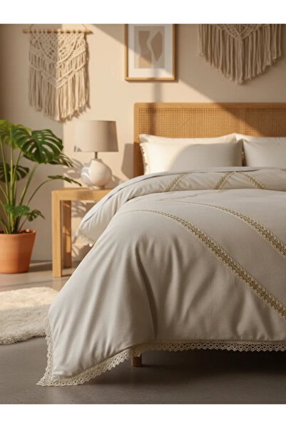 NDC HOME طقم غطاء لحاف من الكتان الخام والدانتيل من BATTAL