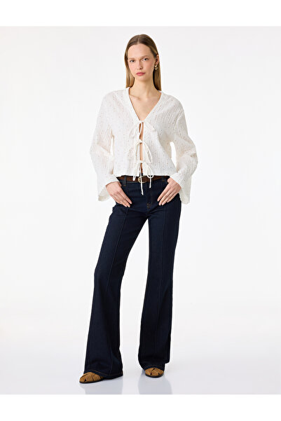 Koton Cotton Long Sleeve V-Neck Tie Bow Detailed Blouse