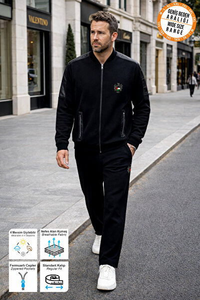BESSA Black Tracksuit Set with Palestine Emblem Printed Zipper Pockets and Pa...