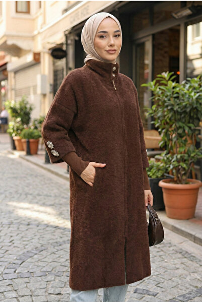 azragül giyim Bearded Soft Knitwear Cardigan with Gold Button Detail