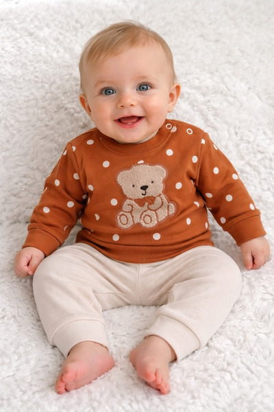 MİNİ MUNDO Bear Embroidered Baby Top and Bottom Set 655