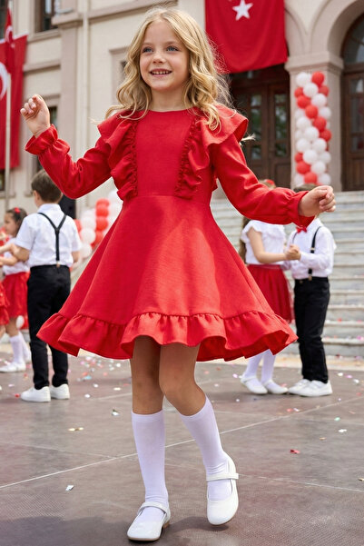 Parla Kids فستان بناتي - كاترين فيونكة حمراء كتان كم طويل 23 أبريل 29 أكتوبر عرض