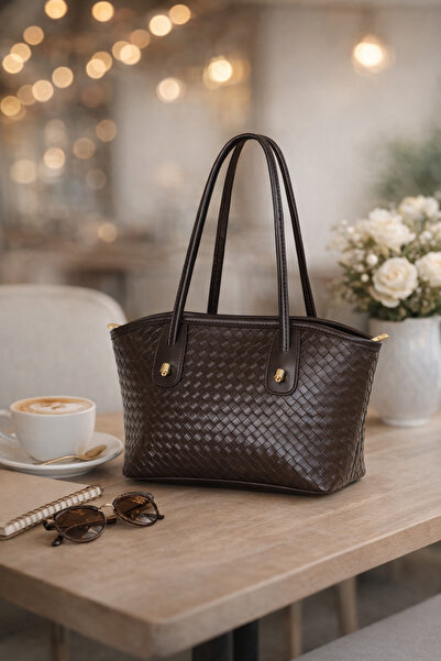 torime Örgü detaylı acı kahverengi kadın omuz ve el çantası büyük boy kadın ç...