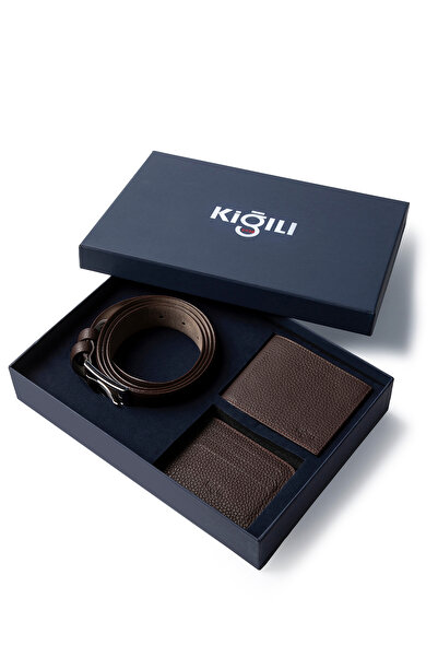 Kiğılı Desenli 3'lü Deri Kemer & Cüzdan & Kartlık Hediye Kutulu Set