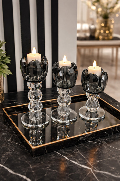 voliX Dizayn 3’Lü Kristal Siyah Şam’dan Set 16/14/12 cm |Masa Süsü | Şamdan&m...