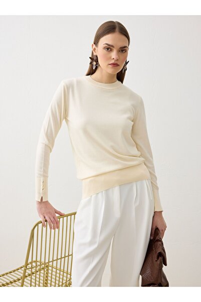 Refka Gold Button Cuffed Knit Sweater - Cream -