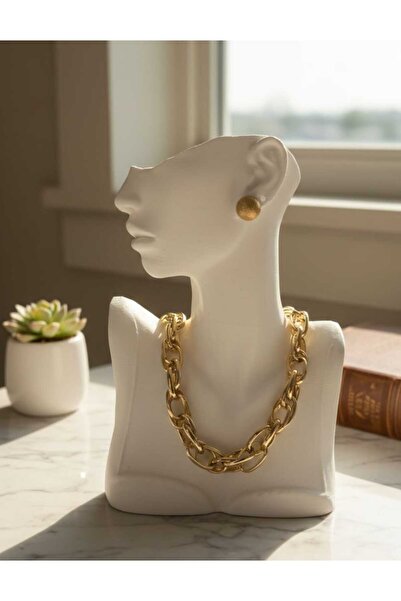 MY ESTA JEWELRY GOLD RENK HALKALI ZİNCİR ÇELİK KOLYE VE TOP KÜPE SETİ