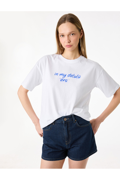 Koton Βαμβακερό μπλουζάκι με κοντό μανίκι με λαιμόκοψη με τύπωμα