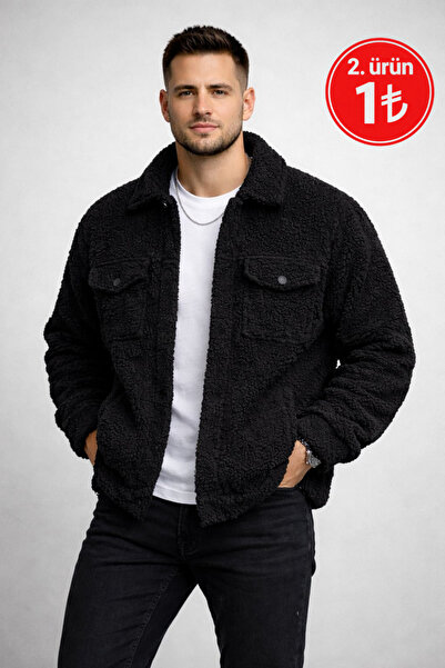 Polo State Erkek Oversize İçi Polarlı Peluş Sherpa Ceket Siyah