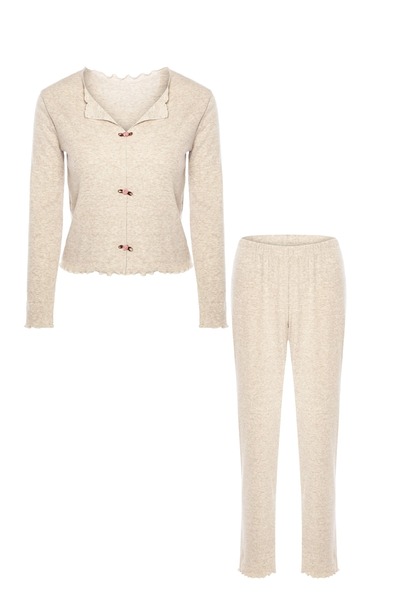 koza iç giyim طقم بيجامة نسائي من القطن بنقشة الزهور مع فيونكة وأكمام طويلة