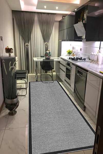 VOPTEKS Gri Siyah Halı Mutfak Halısı Makinede Yıkanabilir Halı Kaymaz Taban Halı