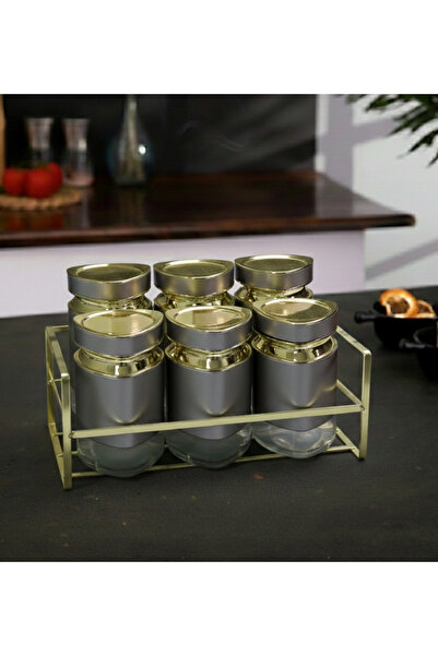 Evren 6 Parça Üçgen Vakum Kapaklı Cam Baharatlık Seti ve Metal Stant, Baharat...