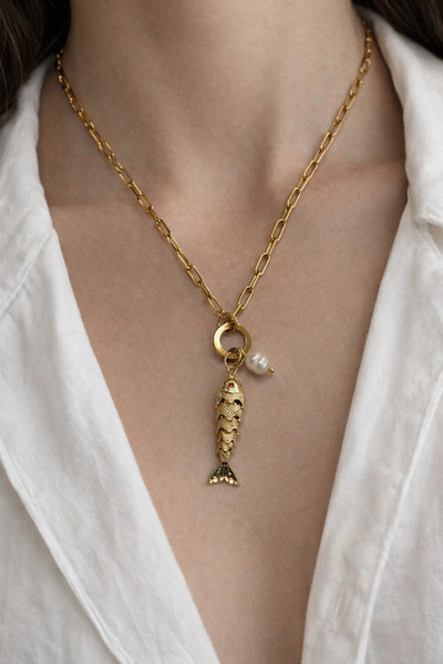 Modex Çelik İnci Detay Mineli Balık Kılçık Kolye (46cm)