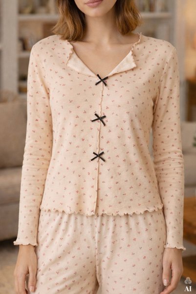 koza iç giyim Women's Cotton Pink Floral Patterned Baby Overlock Ribbon Detailed Long Sleeve Pajamas Set