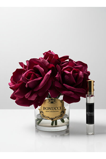 Bonucci 7'li Gold Cam Vazolu Gül Aranjmanı Salon Masa Üstü Dekor - Bordo