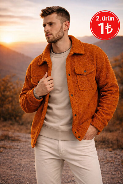 Polo State سترة رجالية قصة فضفاضة مبطنة بالصوف والقطيفة شيربا بلون القرفة