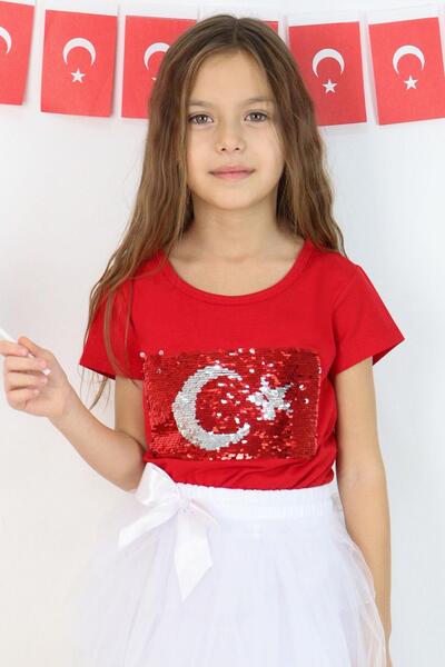 Breeze Kiz Çocuk Tişört Türk Bayraklı 4-14 Yaş, Kırmızı